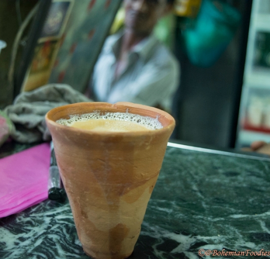 The nice hot chai across the street in typical Indian clay glasses is perfect to wash down the chaat